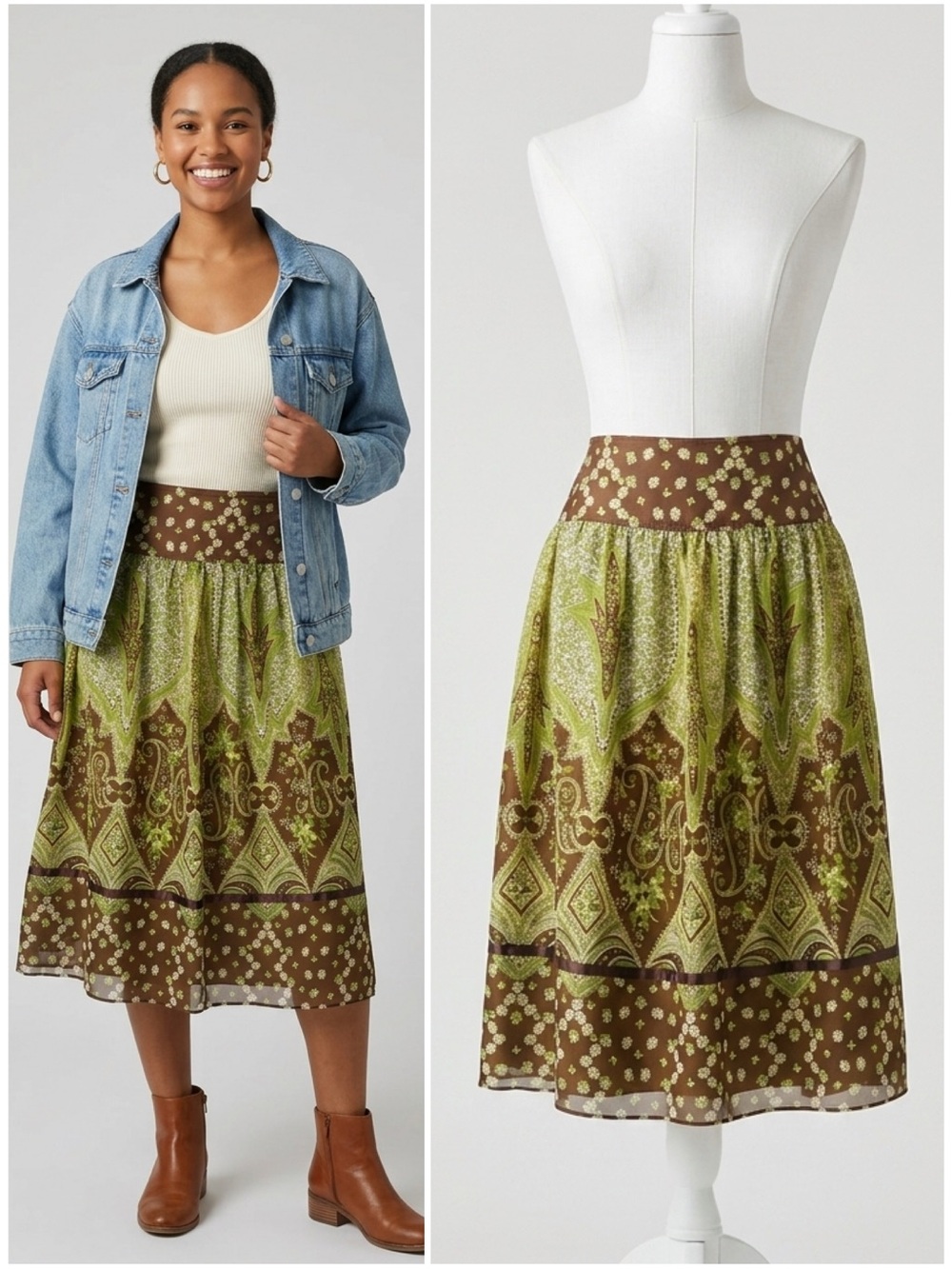 Banana Republic Vintage Silk Paisley Floral A-Line Skirt Green Brown Size 6